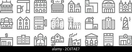 urban building line icons. linear set. quality vector line set such as pharmacy, florist, bus station, bank, hospital, hostel, cathedral, house, gas s Stock Vector