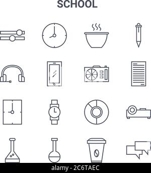 set of 16 school concept vector line icons. 64x64 thin stroke icons such as time, headphone, file, pie chart, flask, chat, coffee, camera, pen Stock Vector