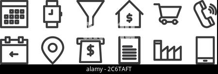 12 set of linear marketing business icons. thin outline icons such as phone, file, pin, cart, filter, watches for web, mobile Stock Vector
