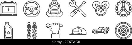 12 set of linear auto racing icons. thin outline icons such as wheel, cap, shock breaker, speedometer, car seat, steering wheel for web, mobile Stock Vector