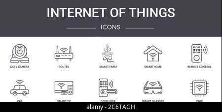 internet of things concept line icons set. contains icons usable for web, logo, ui/ux such as router, smarthome, car, door lock, smart glasses, chip, Stock Vector