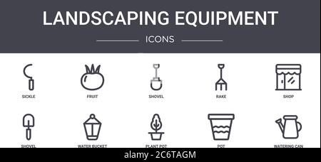 landscaping equipment concept line icons set. contains icons usable for web, logo, ui/ux such as fruit, rake, shovel, plant pot, pot, watering can, sh Stock Vector