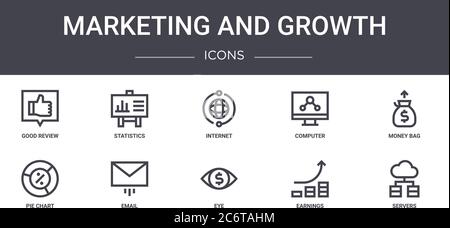 marketing and growth concept line icons set. contains icons usable for web, logo, ui/ux such as statistics, computer, pie chart, eye, earnings, server Stock Vector