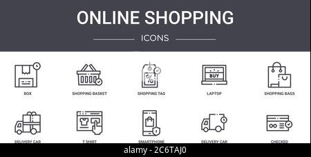 online shopping concept line icons set. contains icons usable for web, logo, ui/ux such as shopping basket, laptop, delivery car, smartphone, delivery Stock Vector