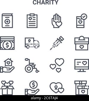 set of 16 charity concept vector line icons. 64x64 thin stroke icons such as clipboard, money, donation, hearts, donation, gift box, charity, vaccine, Stock Vector