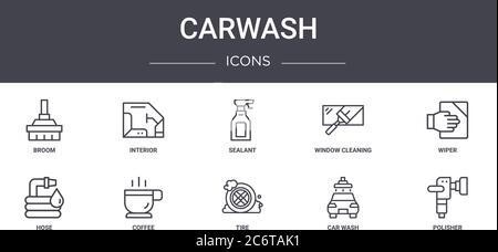 carwash concept line icons set. contains icons usable for web, logo, ui/ux such as interior, window cleaning, hose, tire, car wash, polisher, wiper, s Stock Vector