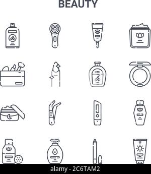 set of 16 beauty concept vector line icons. 64x64 thin stroke icons such as face brush, makeup, powder, lip balm, hand sanitizer, sunscreen, eye penci Stock Vector