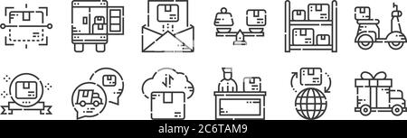 12 set of linear delivery icons. thin outline icons such as gift, shipping, chat bubble, storage, email, delivery truck for web, mobile Stock Vector