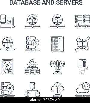 set of 16 database and servers concept vector line icons. 64x64 thin stroke icons such as network, public, global, tower, file system, cloud, cloud se Stock Vector