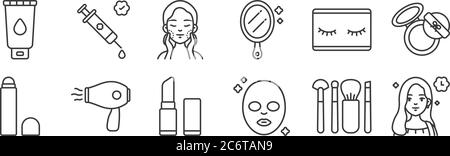12 set of linear beauty cosmetics icons. thin outline icons such as beauty, face mask, hair dryer, eyelashes, skincare, syringe for web, mobile Stock Vector