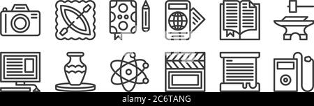 12 set of linear hobbies icons. thin outline icons such as mp player, film, pottery, reading, writing, canoeing for web, mobile Stock Vector