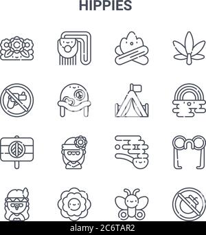 set of 16 hippies concept vector line icons. 64x64 thin stroke icons such as handbag, no weapons, rainbow, pipe, flower, no war, butterfly, camping te Stock Vector