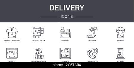 delivery concept line icons set. contains icons usable for web, logo, ui/ux such as delivery truck, delivery, website, storage, call center, airdrop, Stock Vector