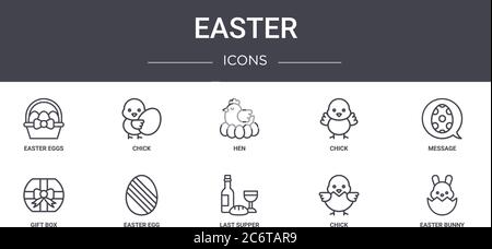 easter concept line icons set. contains icons usable for web, logo, ui/ux such as chick, chick, gift box, last supper, chick, easter bunny, message, h Stock Vector