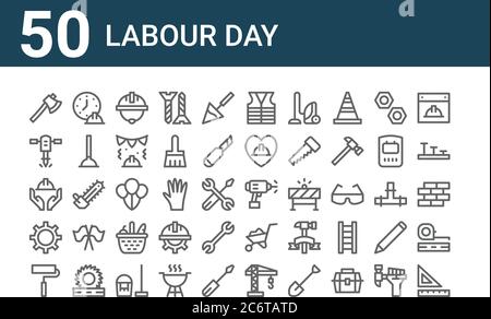 set of 50 labour day icons. outline thin line icons such as rulers, paint roller, settings, labor day, jackhammer, working hours, drill Stock Vector