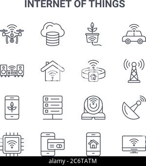 set of 16 internet of things concept vector line icons. 64x64 thin stroke icons such as cloud database, hifi, antenna, cctv camera, online payment, sm Stock Vector