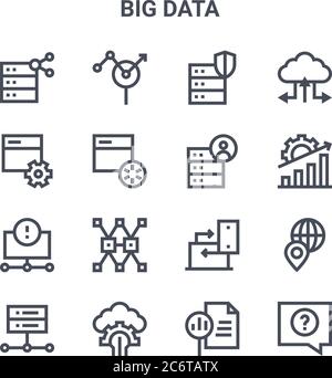 set of 16 big data concept vector line icons. 64x64 thin stroke icons such as search, development, data analytics, laptop, cloud computing, speech bub Stock Vector