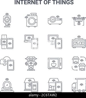 set of 16 internet of things concept vector line icons. 64x64 thin stroke icons such as washing machine, smartwatch, alarm, microwave, smarthome, truc Stock Vector