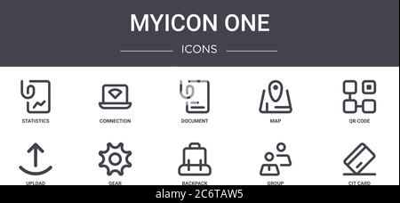 myicon one concept line icons set. contains icons usable for web, logo, ui/ux such as connection, map, upload, backpack, group, cit card, qr code, doc Stock Vector