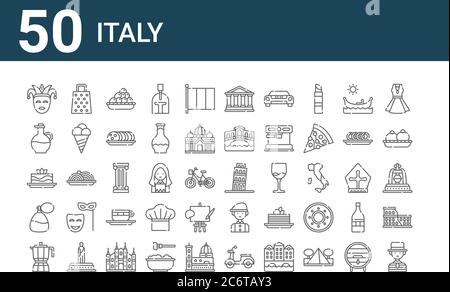 set of 50 italy icons. outline thin line icons such as gondolier, coffee pot, perfume, lasagna, olive oil, cheese grater, , rome, pillar, man Stock Vector