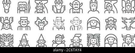 fantastic characters line icons. linear set. quality vector line set such as demon, medusa, ninja, kraken, aphrodite, cerberus, fairy, troll, zeus Stock Vector