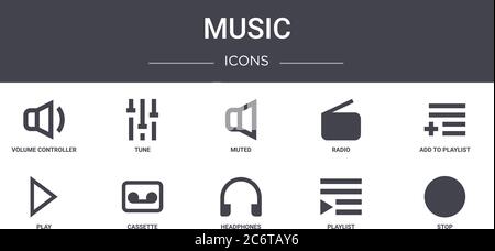 music concept line icons set. contains icons usable for web, logo, ui/ux such as tune, radio, play, headphones, playlist, stop, add to playlist, muted Stock Vector