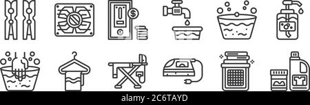 12 set of linear laundry icons. thin outline icons such as bleach, clothing iron, hanger, wash, washing machine, washing program for web, mobile Stock Vector