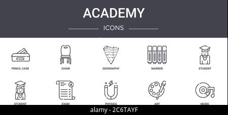 academy concept line icons set. contains icons usable for web, logo, ui/ux such as chair, marker, student, physics, art, music, student, geography Stock Vector