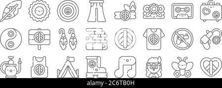 hippies line icons. linear set. quality vector line set such as peace, hippies, boot, hookah, no weapons, earrings, hippies, headband, sun Stock Vector