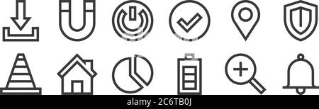 12 set of linear web essentials icons. thin outline icons such as alarm, battery, home, location, power, magnet for web, mobile Stock Vector