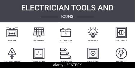 electrician tools and concept line icons set. contains icons usable for web, logo, ui/ux such as solar panel, light bulb, electrical danger, energy cl Stock Vector