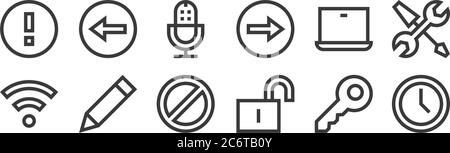 12 set of linear web essentials icons. thin outline icons such as time, unlock, pen, laptop, microphone, back arrow for web, mobile Stock Vector