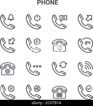 set of 16 phone concept vector line icons. 64x64 thin stroke icons such as phone, incoming call, phone, call Stock Vector