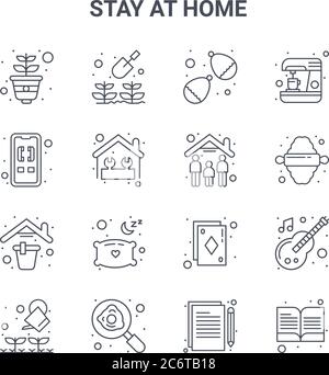 set of 16 stay at home concept vector line icons. 64x64 thin stroke icons such as gardening, incoming call, rolling, playing card, fried egg, book, wr Stock Vector