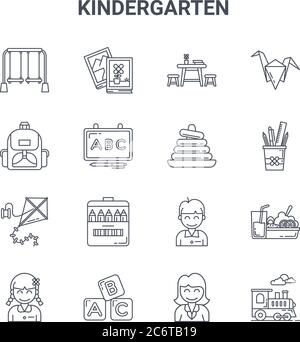 set of 16 kindergarten concept vector line icons. 64x64 thin stroke icons such as book, school bag, pencil case, student, blocks, toy train, teacher, Stock Vector