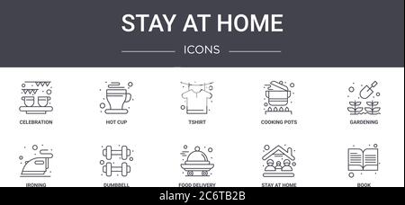 stay at home concept line icons set. contains icons usable for web, logo, ui/ux such as hot cup, cooking pots, ironing, food delivery, stay at home, b Stock Vector