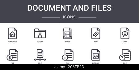 document and files concept line icons set. contains icons usable for web, logo, ui/ux such as folder, add, file, file, picture, file, chat, movie Stock Vector