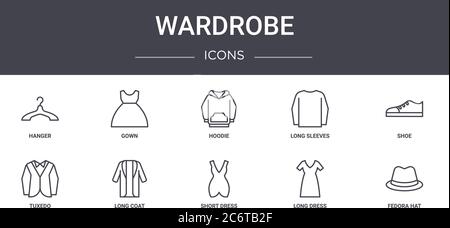 wardrobe concept line icons set. contains icons usable for web, logo, ui/ux such as gown, long sleeves, tuxedo, short dress, long dress, fedora hat, s Stock Vector