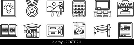 12 set of linear education icons. thin outline icons such as ebook, grade, charge, classroom, art, award for web, mobile Stock Vector