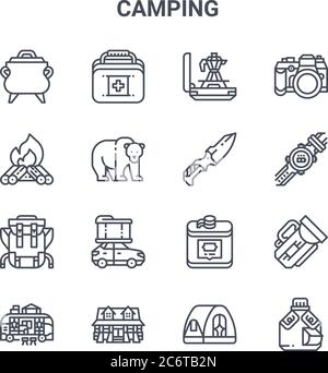 set of 16 camping concept vector line icons. 64x64 thin stroke icons such as first aid box, campfire, wristwatch, flask, cabin, water bottle, tent, po Stock Vector