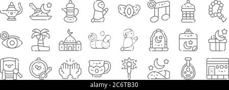 ramadan line icons. linear set. quality vector line set such as kaaba, sleeping, tea cup, bedug, calendar, mosque, tasbih, dates, ramadan Stock Vector