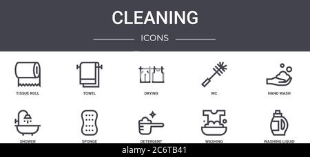 cleaning concept line icons set. contains icons usable for web, logo, ui/ux such as towel, wc, shower, detergent, washing, washing liquid, hand wash, Stock Vector