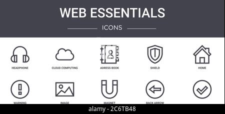 web essentials concept line icons set. contains icons usable for web, logo, ui/ux such as cloud computing, shield, warning, magnet, back arrow, , home Stock Vector