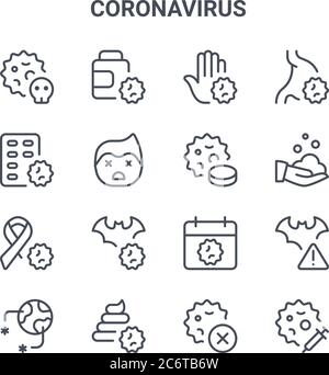 set of 16 coronavirus concept vector line icons. 64x64 thin stroke icons such as pills bottle, meds, hand, alert, stool test, injection, delete, pill, Stock Vector