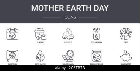 mother earth day concept line icons set. contains icons usable for web, logo, ui/ux such as plastic, eco battery, campaign, solar panel, ecology book, Stock Vector