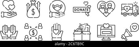 12 set of linear kindness icons. thin outline icons such as megaphone, medical, crowdfunding, family, medical mask, fundraising for web, mobile Stock Vector