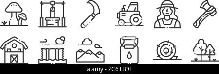 12 set of linear in the village icons. thin outline icons such as trees, milk, bale, farmer, sickle, water well for web, mobile Stock Vector