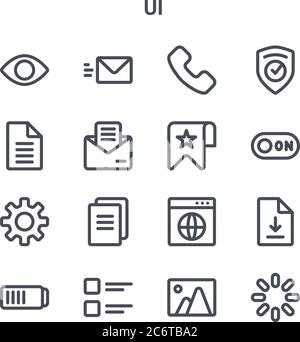 set of 16 ui concept vector line icons. 64x64 thin stroke icons such as message, file, switch, browser, list, loading, picture, favourite, shield Stock Vector