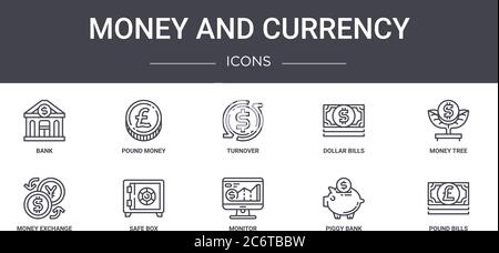 money and currency concept line icons set. contains icons usable for web, logo, ui/ux such as pound money, dollar bills, money exchange, monitor, pigg Stock Vector