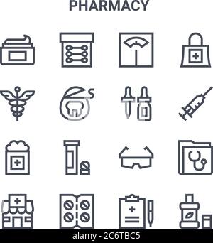 set of 16 pharmacy concept vector line icons. 64x64 thin stroke icons such as cotton buds, caduceus, syringe, safety glasses, pills, mouthwash, prescr Stock Vector
